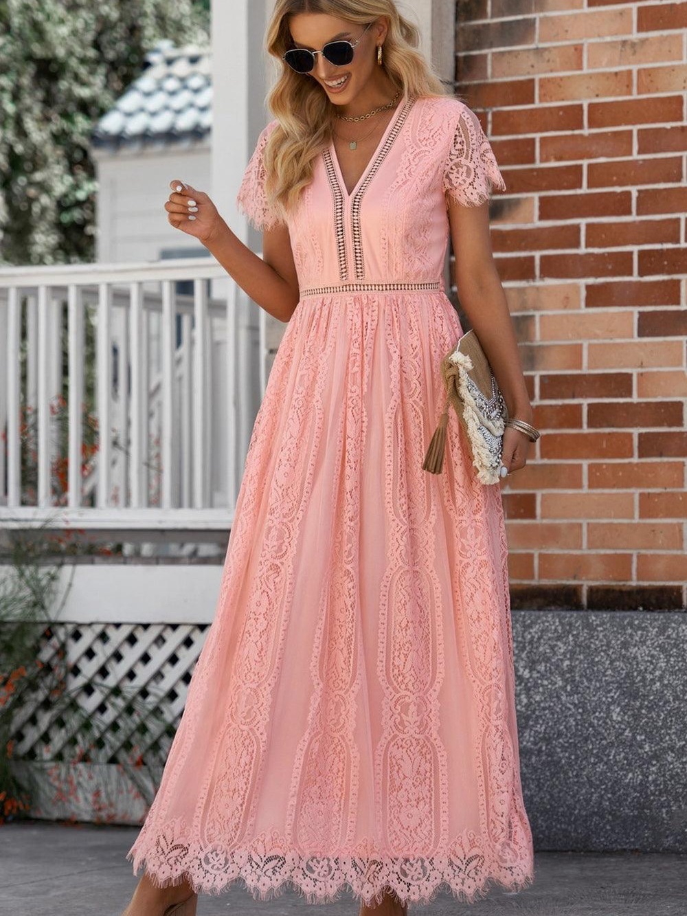 Hazel Blues Peach Floral Lace Maxi Dress L Boho V-Neck Scalloped Pink Wedding